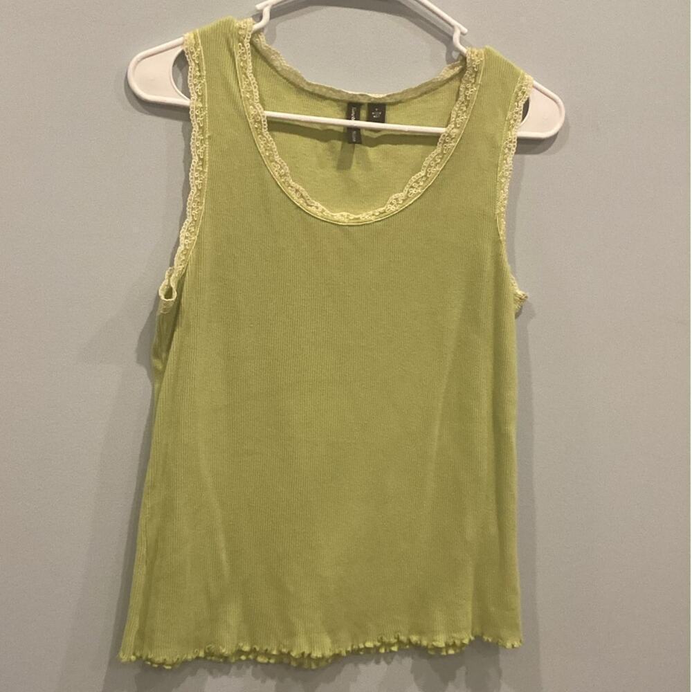 Womens Y2K Tank Medium Lettuce Hem Lace Ribbed Cotton Top Forest Fairy Grunge
